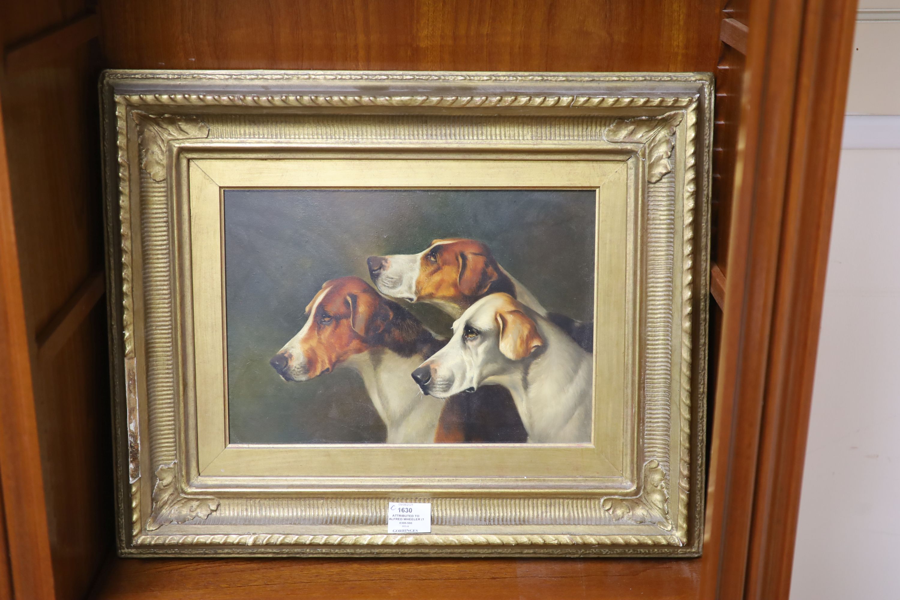 Attributed to Alfred Wheeler (1851-1932) oil on panel, Portrait of three hounds, 25 x 35cm